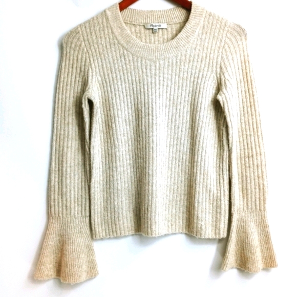 Madewell Ruffle Cuff Oatmeal Ribbed Sweater - Picture 2 of 12